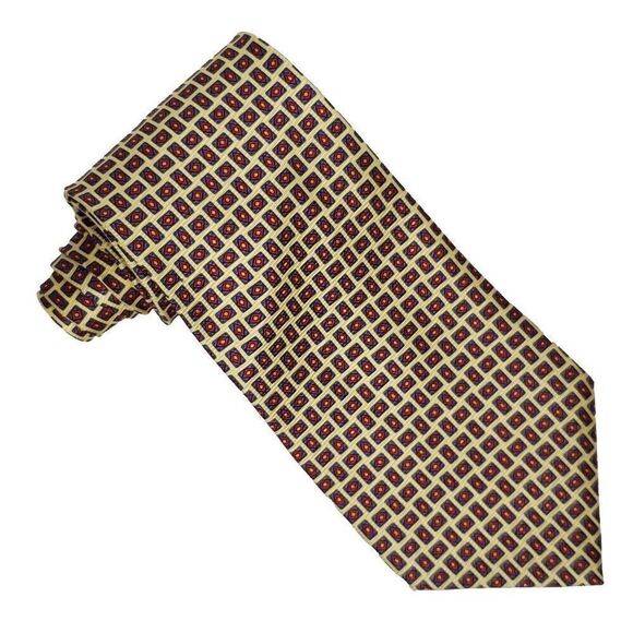 Lauren Ralph Lauren Silk Necktie Tie Geometric Yellow Red Blue Diamond Squares - Picture 1 of 2